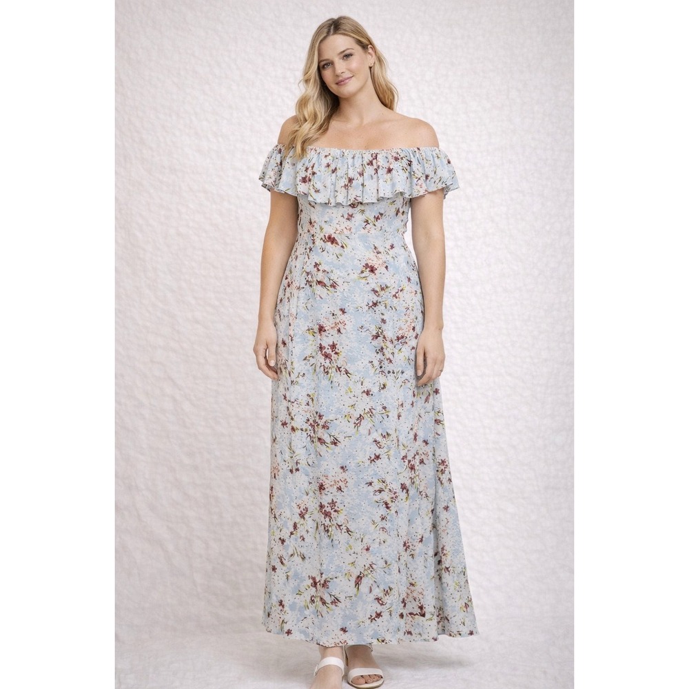 BCBGeneration Light Blue Floral Ruffle Off Shoulder Maxi Dress Small Slit Boho